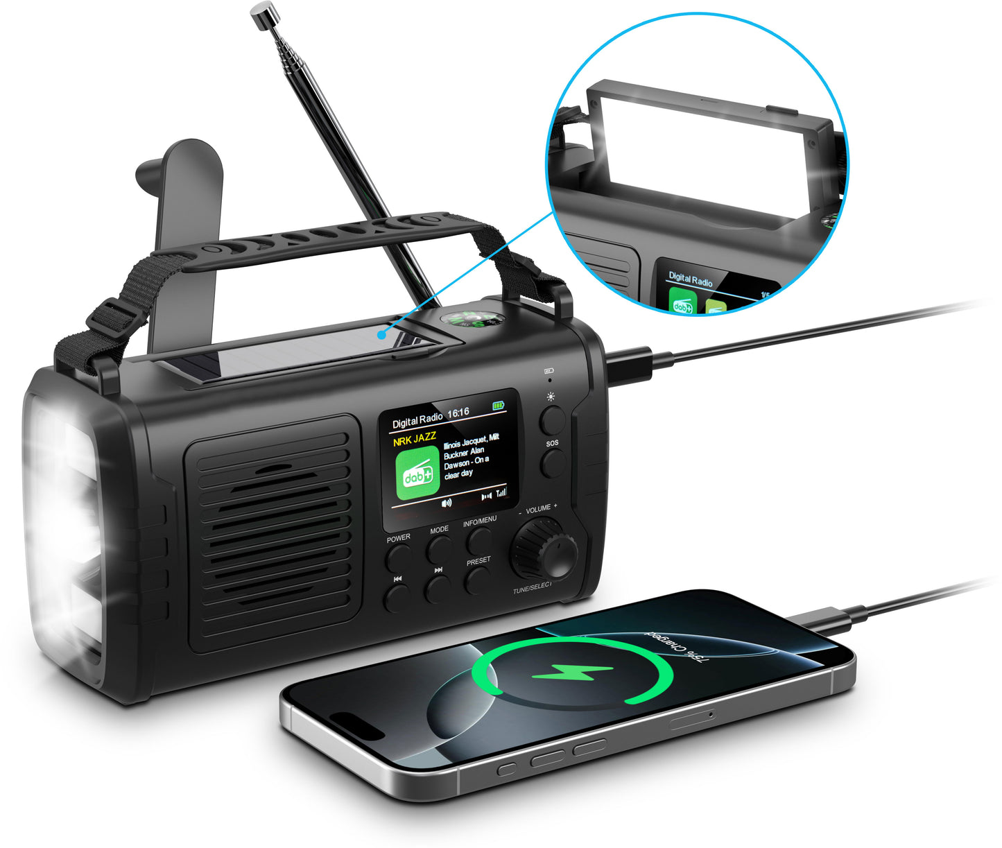 1852 Nødradio DAB+/FM Bluetooth med sveiv og solcellepanel