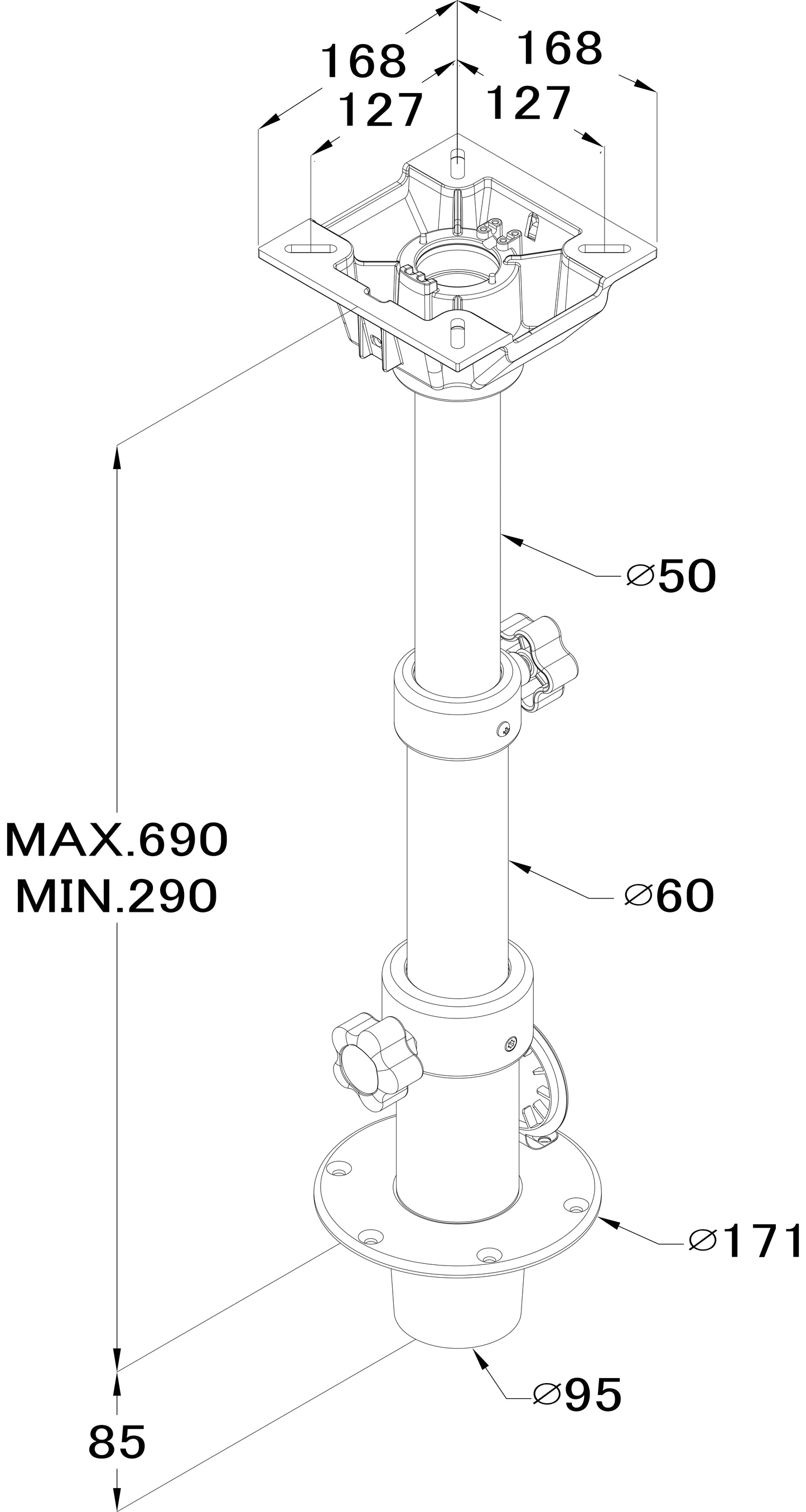 Bordsøyle 3 trinn m/svivel 290-690 mm