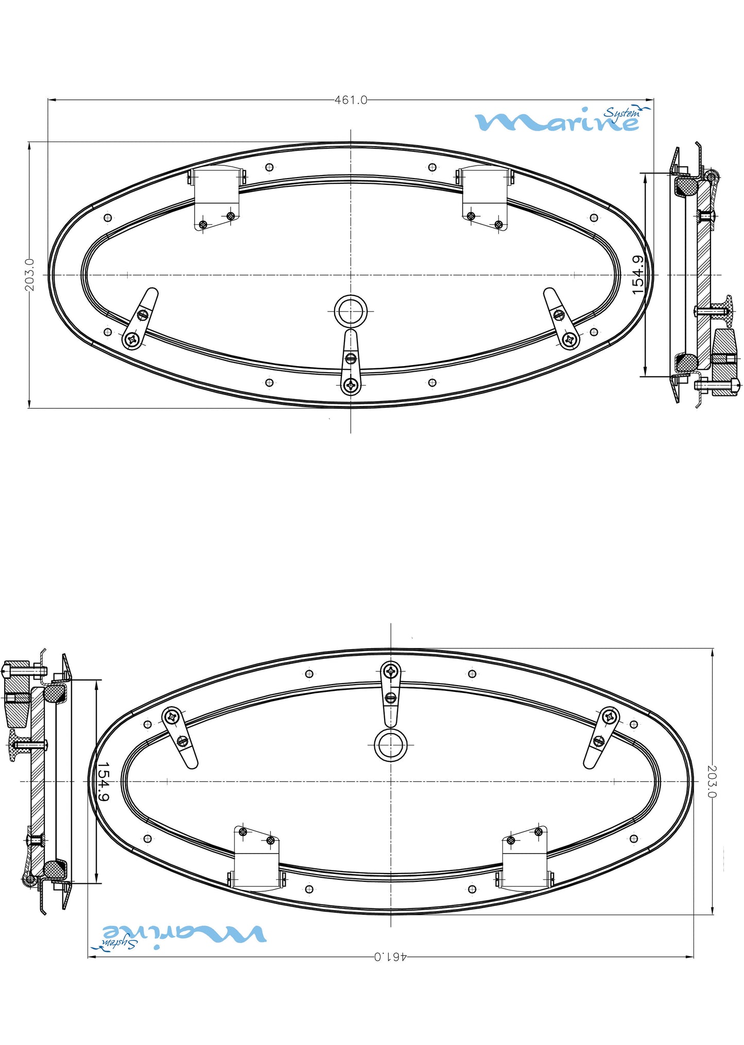 Portlight i syrefast stål, 155 x 418 mm lys